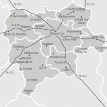 a black and white map of a spanish area shows the roads