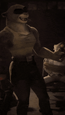 a cartoon character wearing a tank top and black pants