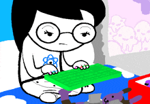 a cartoon character with glasses is sitting on a bed