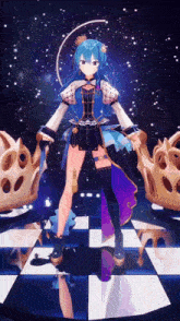 a girl with blue hair stands on a checkered floor