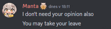 a screenshot of a discord conversation between manta and dnes v 18:11