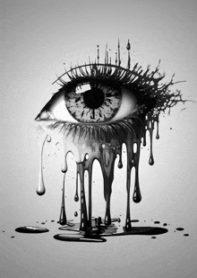 a black and white drawing of a woman 's eye with liquid dripping from it