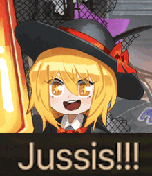 a cartoon girl with yellow hair and a black hat says jussis