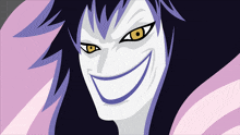 a cartoon drawing of a woman with purple hair and yellow eyes smiling