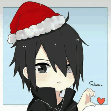 a drawing of a boy wearing a santa hat with the name sakura on the bottom