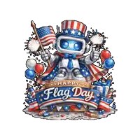 an illustration of a robot holding an american flag with the words happy flag day below it