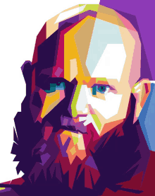 a colorful drawing of a man with a beard and blue eyes