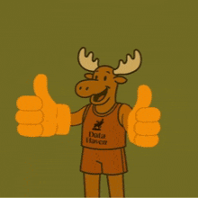 a cartoon moose wearing a data haven tank top gives two thumbs up