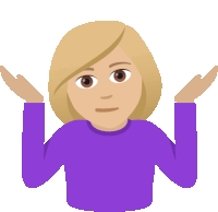 a woman in a purple shirt is shrugging her shoulders with her hands outstretched