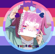a picture of a girl covering her face with a notebook and the words " i heart lesboys " below it