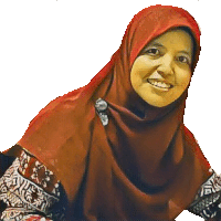 a woman wearing a red hijab and a floral shirt is smiling