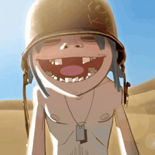 a cartoon character wearing a helmet and a necklace with a tag on it