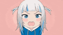 a cartoon of a girl with white hair and blue eyes making an angry face .