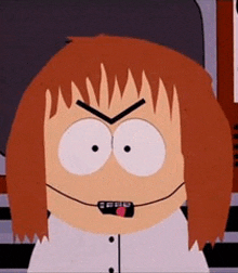 a close up of a cartoon character with red hair and braces on his teeth .