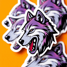 a sticker of a wolf with its tongue out