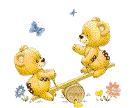 two teddy bears are playing on a seesaw