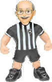 a cartoon of a bald man wearing a black and white striped jersey and shorts .