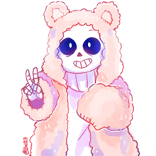 a drawing of a skeleton wearing a pink teddy bear coat giving a peace sign