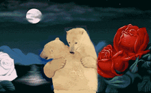a painting of two polar bears hugging each other with roses in the background