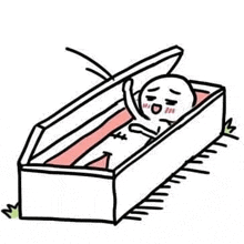 a cartoon of a person laying in a coffin with their hand up .