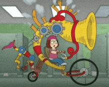 a cartoon of a girl riding a bicycle with a large bell on it