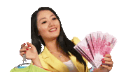 a woman in a yellow jacket is holding a bunch of money