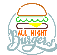 a logo for all night burgers shows a hamburger with cheese on it