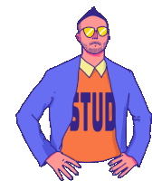 a cartoon of a man wearing sunglasses and a shirt that says stud