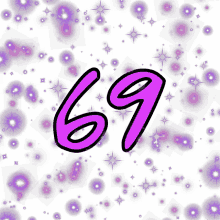 a white background with purple stars and the number 69