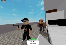 a boy holding a gun in a video game with a donation play again button below him