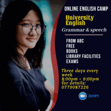 an advertisement for university english grammar and speech with a girl wearing glasses