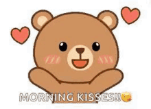 a teddy bear with two hearts around its head and the words morning kisses .