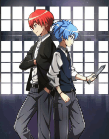 two anime characters are standing next to each other one is holding a knife