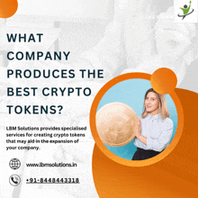 a woman is holding a gold coin with the letter b on it and the words " what company produces the best crypto tokens "