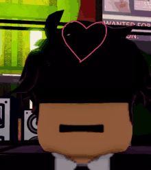 a cartoon character has a heart on his head in front of a sign that says wanted