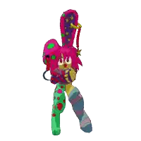 a cartoon of a clown with pink hair and green socks