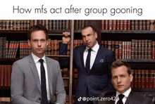 three men in suits and ties pose in front of a bookshelf