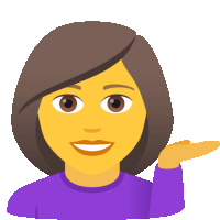 a woman in a purple shirt is smiling and pointing her hand