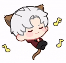 a cartoon of a boy with cat ears and a tail laying down with music notes around him .