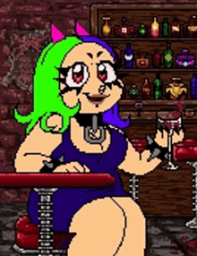 a pixel art drawing of a girl sitting at a table with a glass of wine