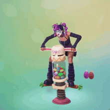 a woman with purple hair is sitting on a bunny scooter