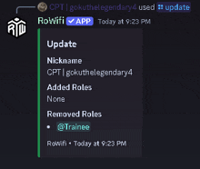 a screenshot of a rowifi app showing a list of added roles and removed roles