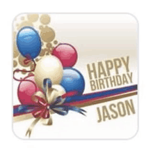 a birthday card for jason with balloons and a bow .