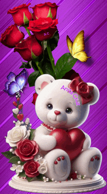 a teddy bear is holding a heart in front of a bouquet of roses