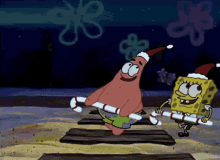 patrick star and spongebob are holding candy canes in a cartoon .