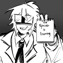 a drawing of a man in a suit and tie holding a note that says sylvester is listening