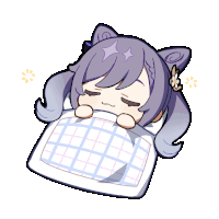 a cartoon of a girl with purple hair laying under a blanket