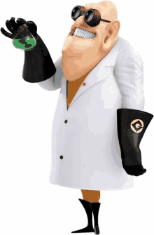 a cartoon character holding a beaker with a green liquid