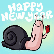 a snail is holding a red envelope in front of a happy new year sign