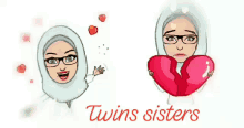 a cartoon of a woman holding a broken heart and the words twins sisters below her